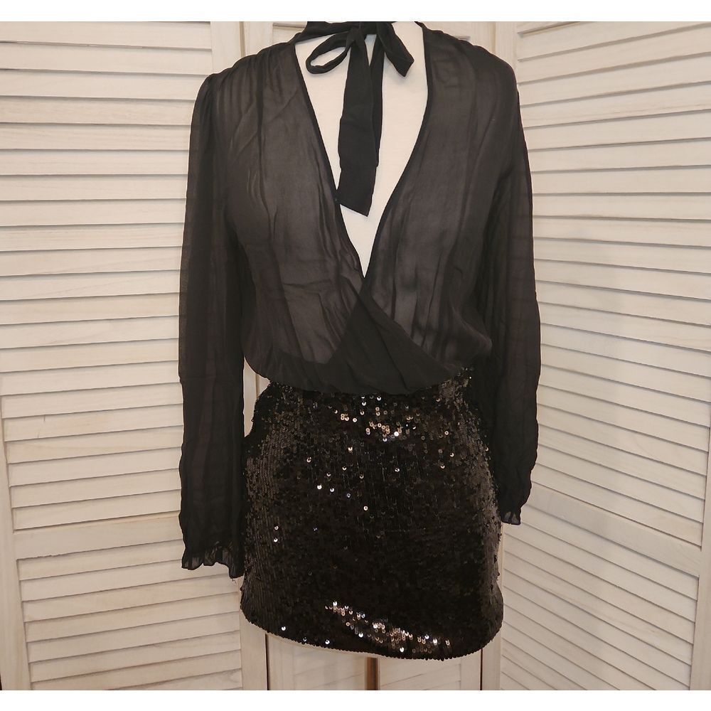 Marciano Black Sheer Dress with Sequin Skirt Size M
